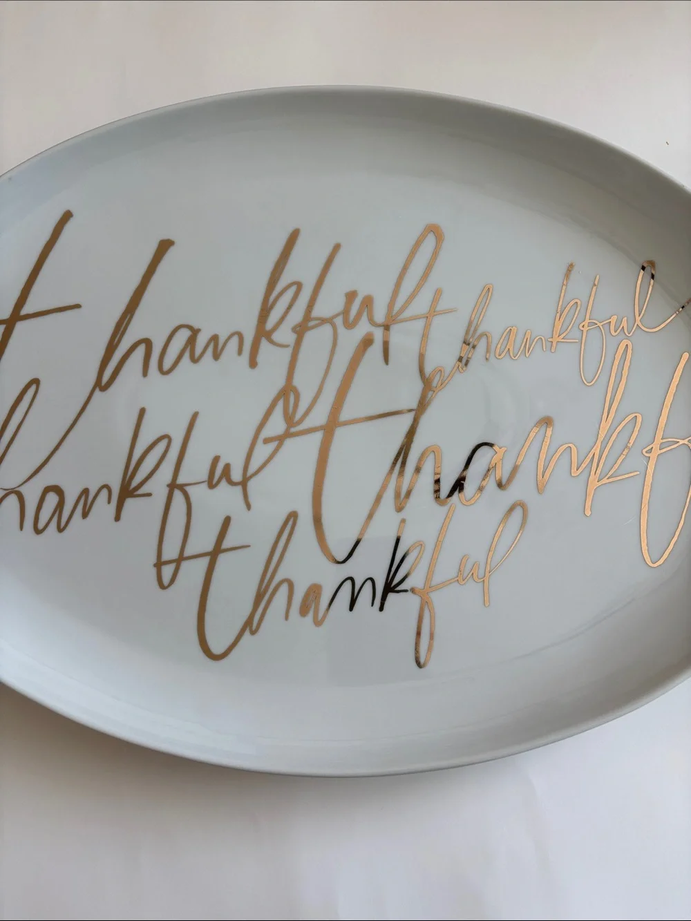 Crate and Barrel Oval Thankful Platter White and Gold 17.75”